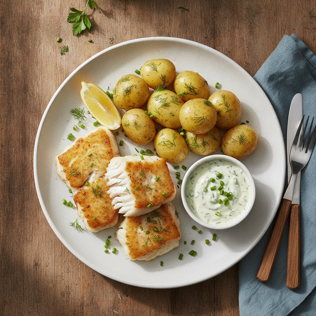 Stekt Torsk med Dillkokt Potatis och Gräslökssås