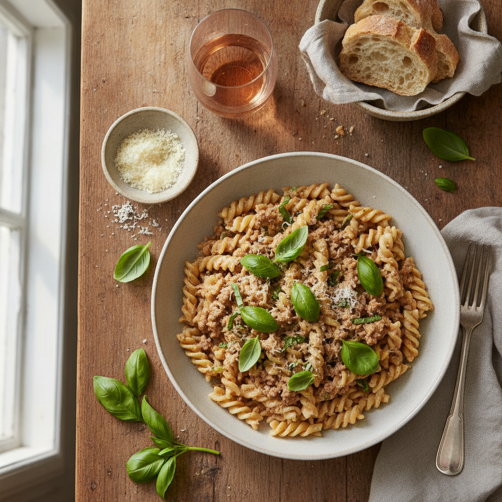 Pasta med Krämig Kalkonfärssås och Basilika