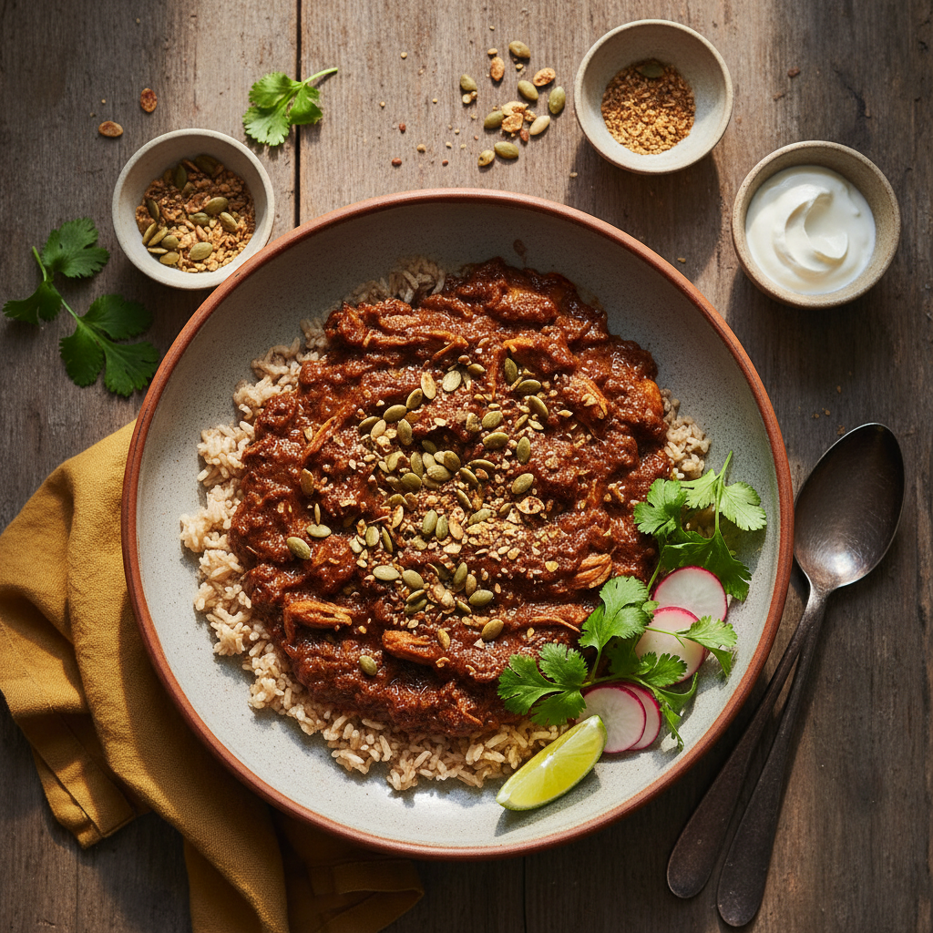 Långkokt kycklingmole med rostade pumpafrön