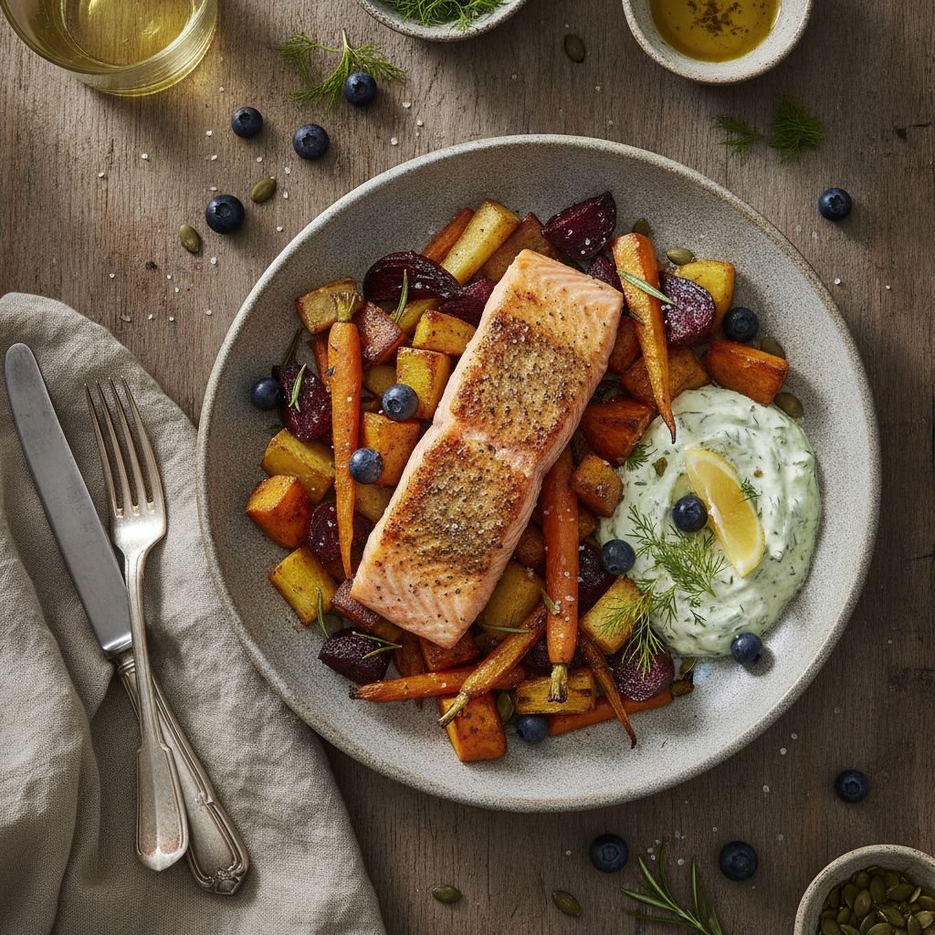 Ugnstekt Lax med Rostade Rotfrukter och Dillcrème