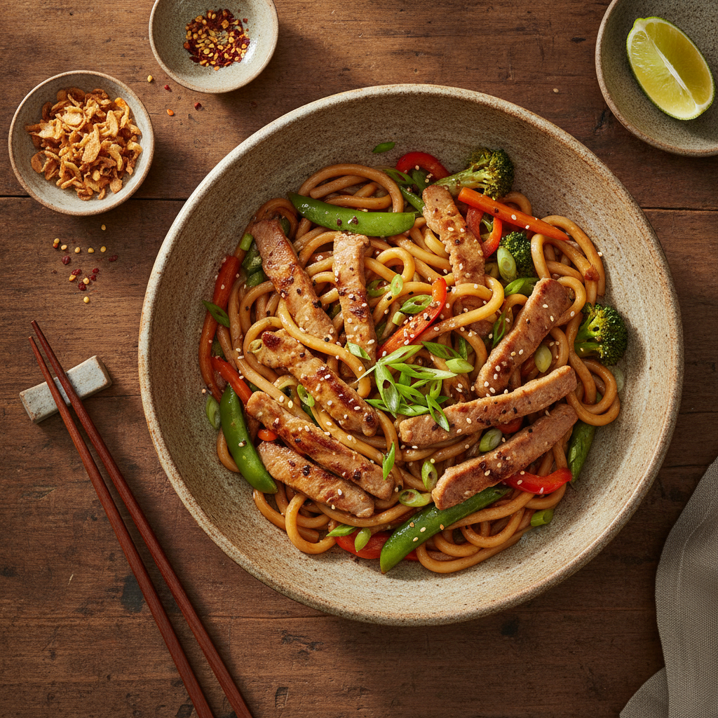 Japansk Fläskwok med Udonnudlar och Krispiga Grönsaker