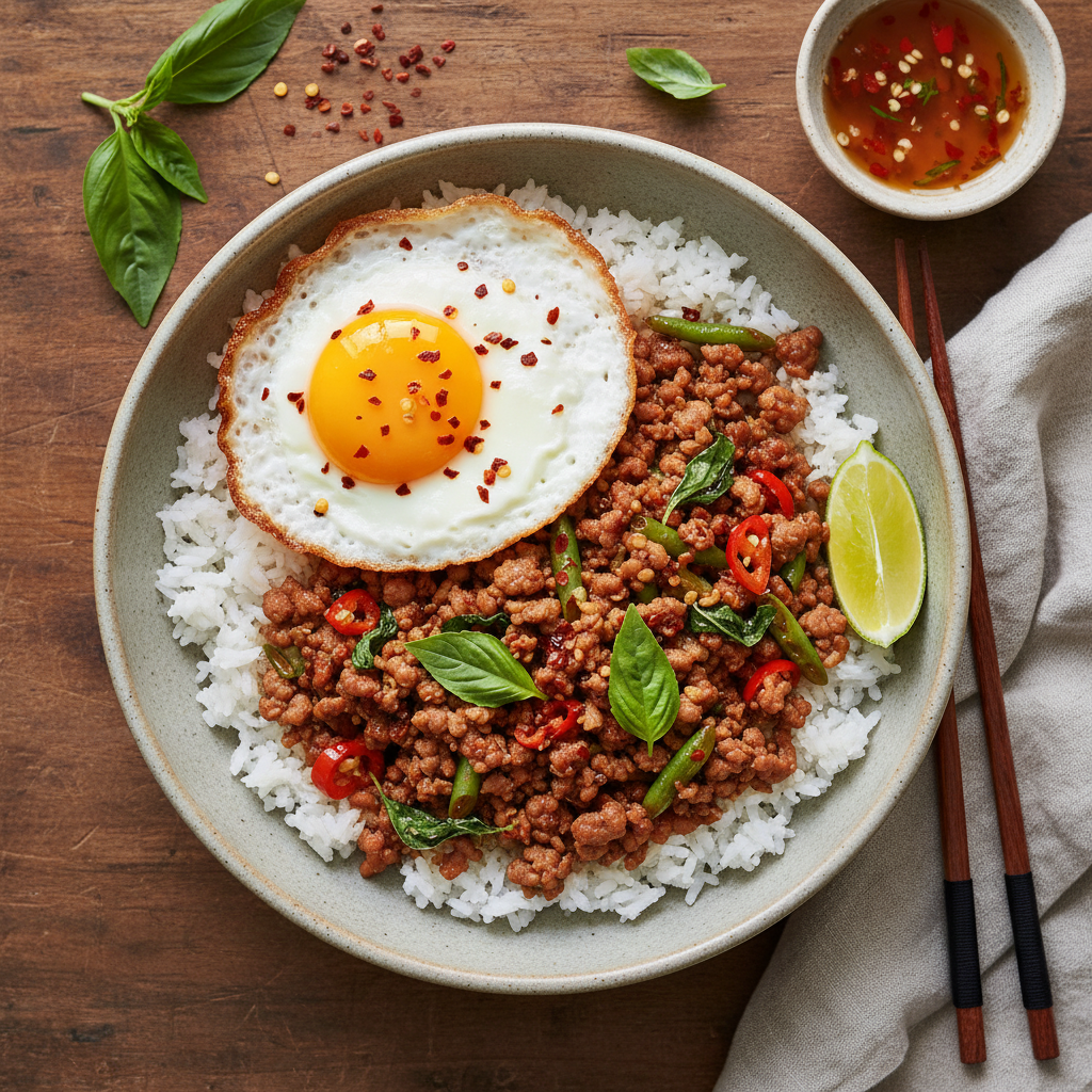 Kryddig Thailändsk Fläskfärswok med Basilika och Stekt Ägg
