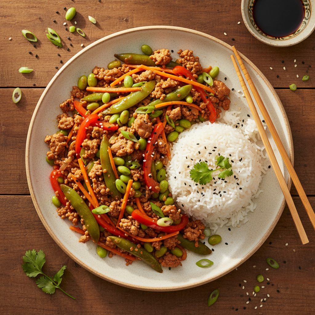 Japansk Kalkonfärswok med Edamame och Jasminris