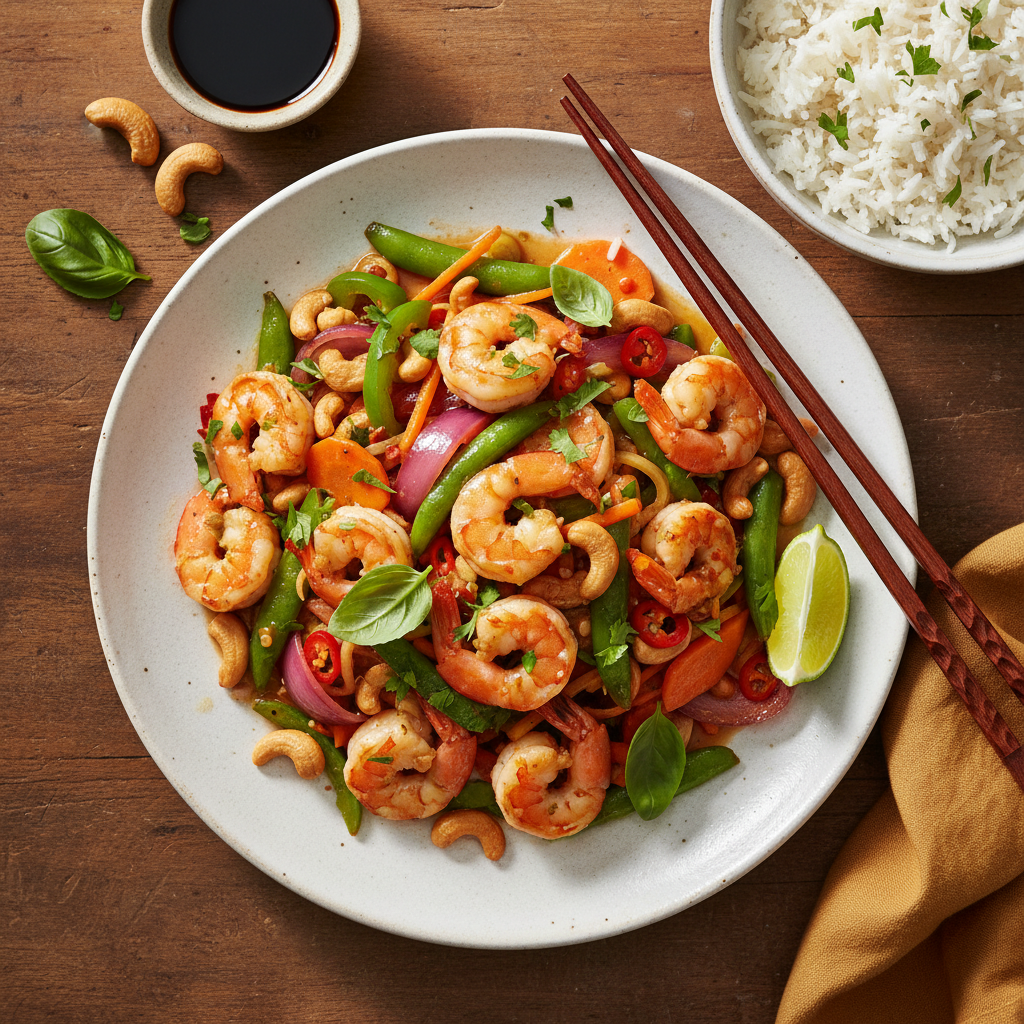 Snabb Thailändsk Räkwok med Cashewnötter och Basmatiris