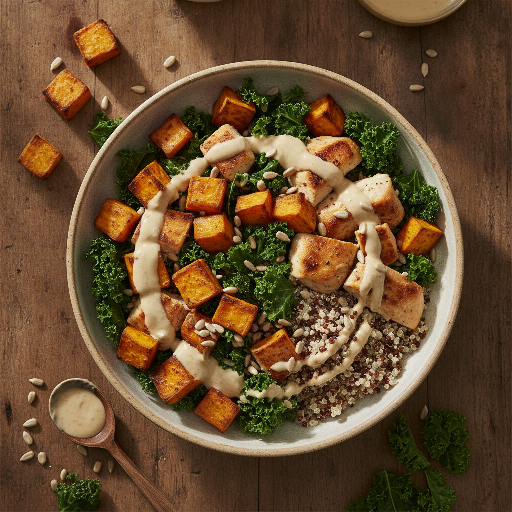 Kyckling- och Grönkålsbowl med Rostad Sötpotatis och Tahinidressing