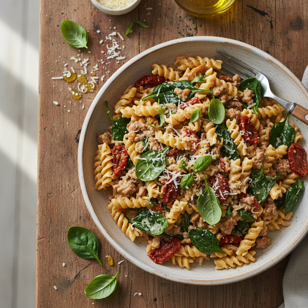 Krämig Kalkonfärspasta med Spenat och Soltorkade Tomater