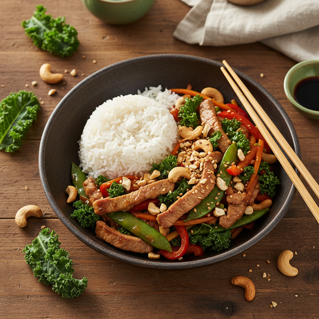 Japansk Wok med Strimlad Fläskfilé, Grönkål och Cashewnötter