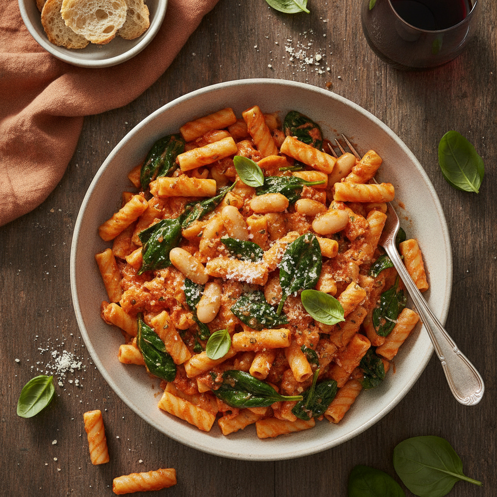 Krämig Tomatpasta med Vita Bönor och Spenat