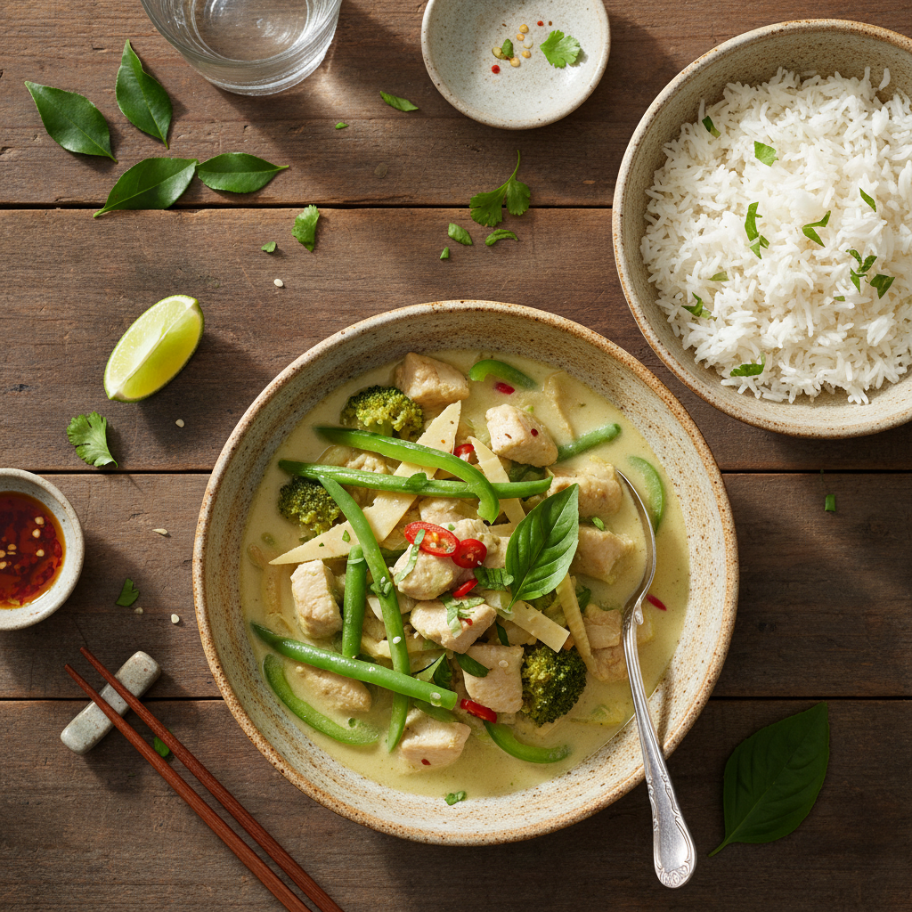 Thailändsk Grön Curry med Kyckling och Jasminris