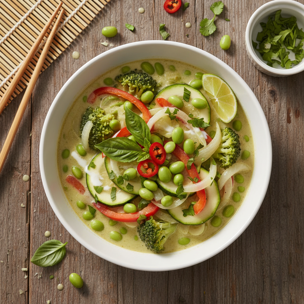 Snabb Thailändsk Grön Curry med Edamame & Färska Grönsaker