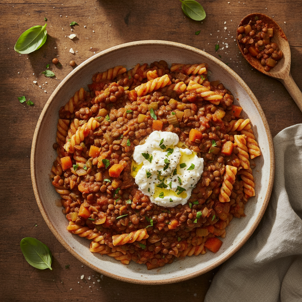 Pasta med Krämig Linsragu och Ricotta