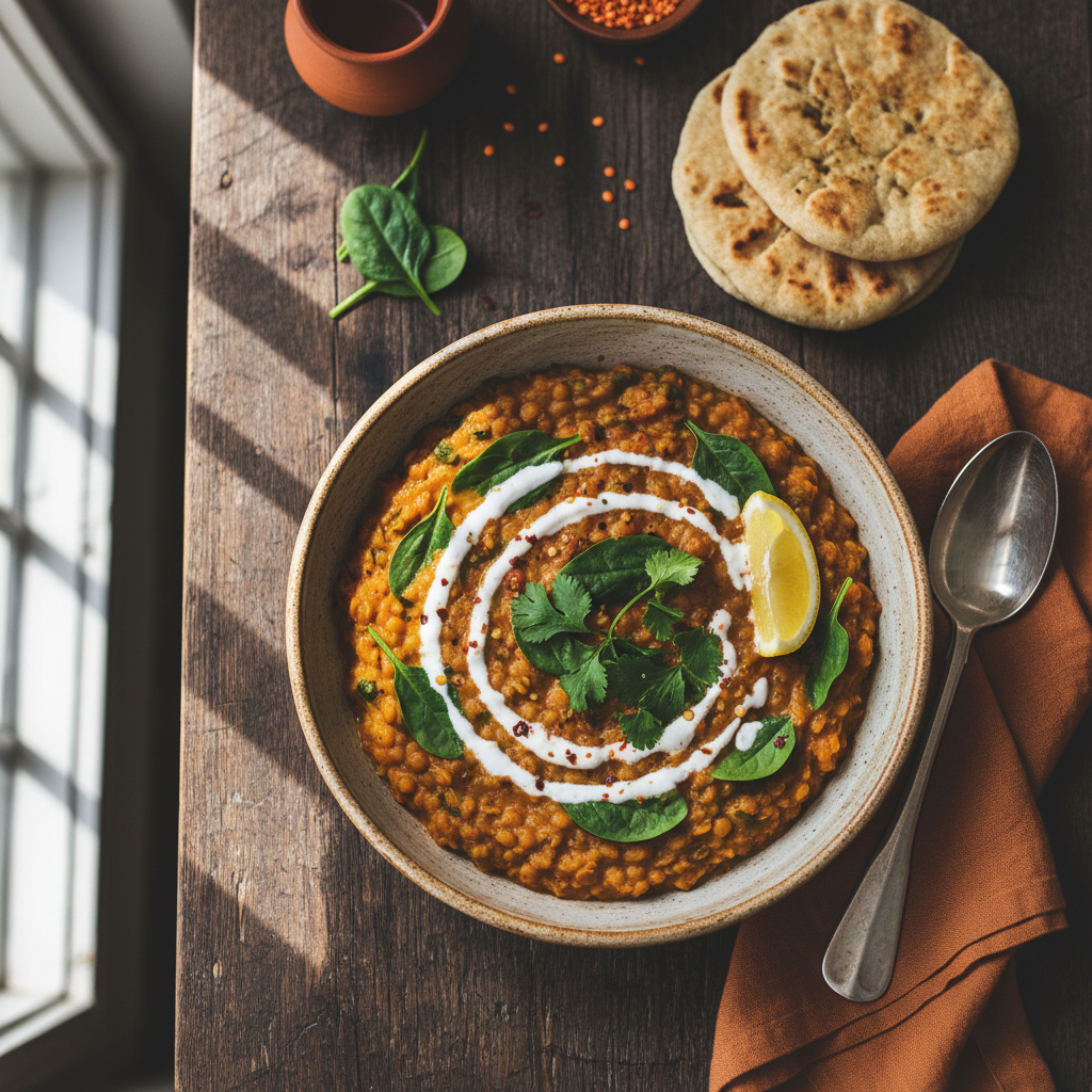 Krämig Röd Linsdal med Kokosmjölk och Spenat