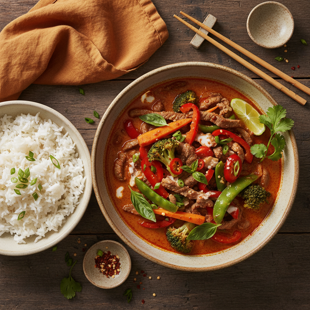 Thailändsk Röd Curry med Strimlad Biff och Krispiga Grönsaker
