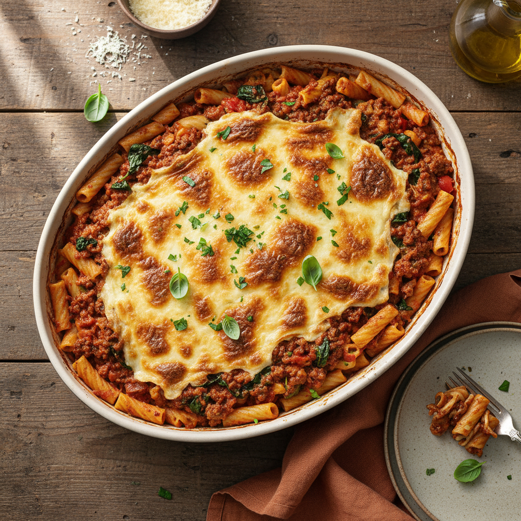 Ugnsbakad Krämig Nötfärspasta med Spenat och Mozzarella