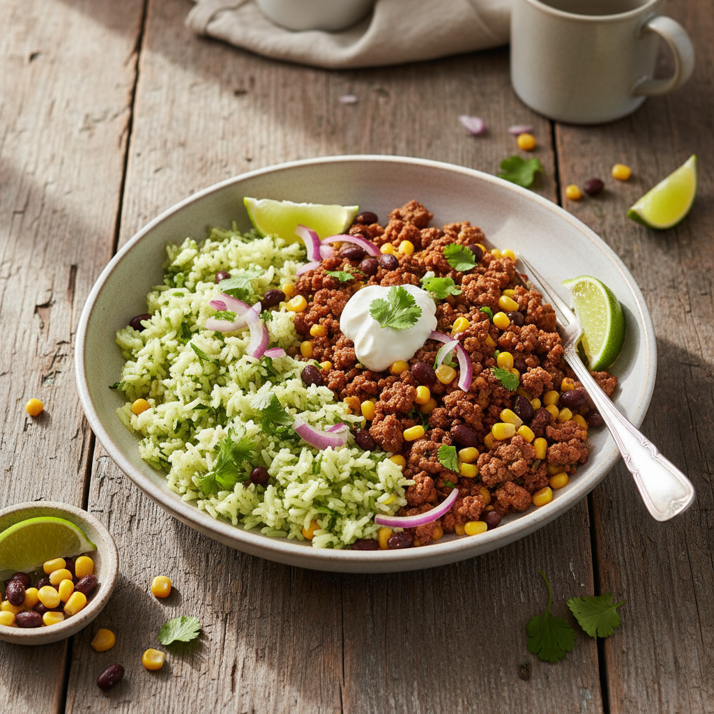 Mexikansk Nötfärsbowl med Svarta Bönor, Majs och Lime-Ris