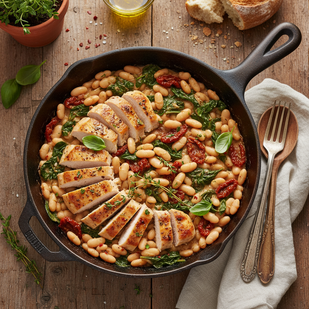 Toskansk kyckling- och vitbönsrätt i panna