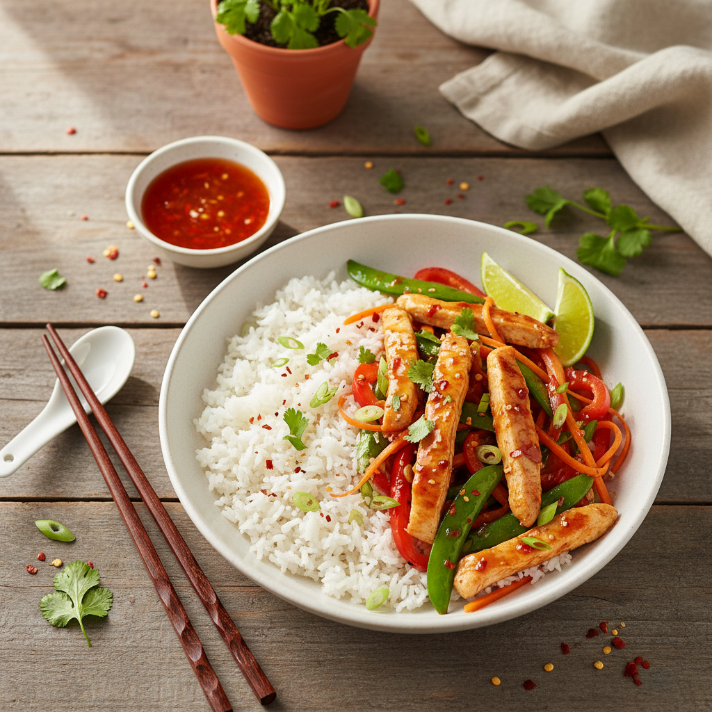 Thailändsk Kyckling med Sötsur Chili och Jasminris