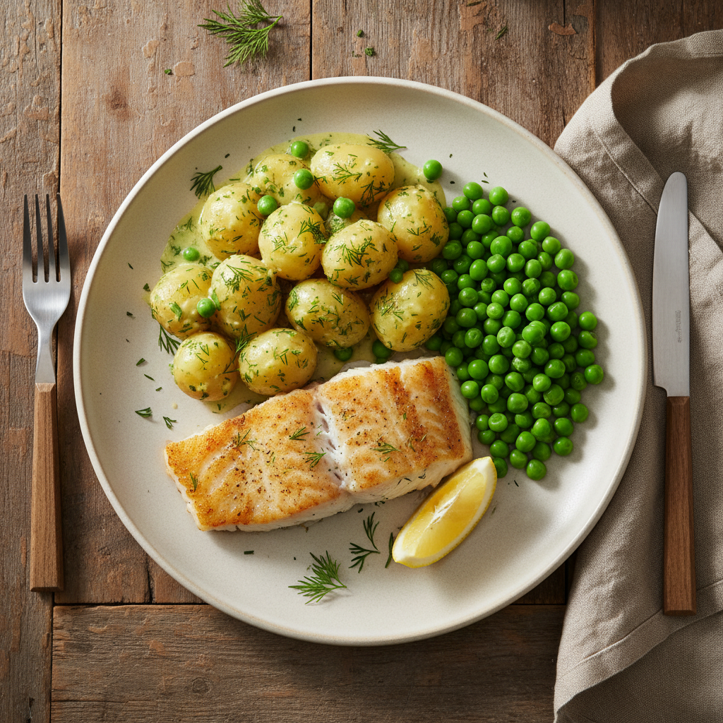 Stekt Torsk med Dillstuvad Potatis och Ärter