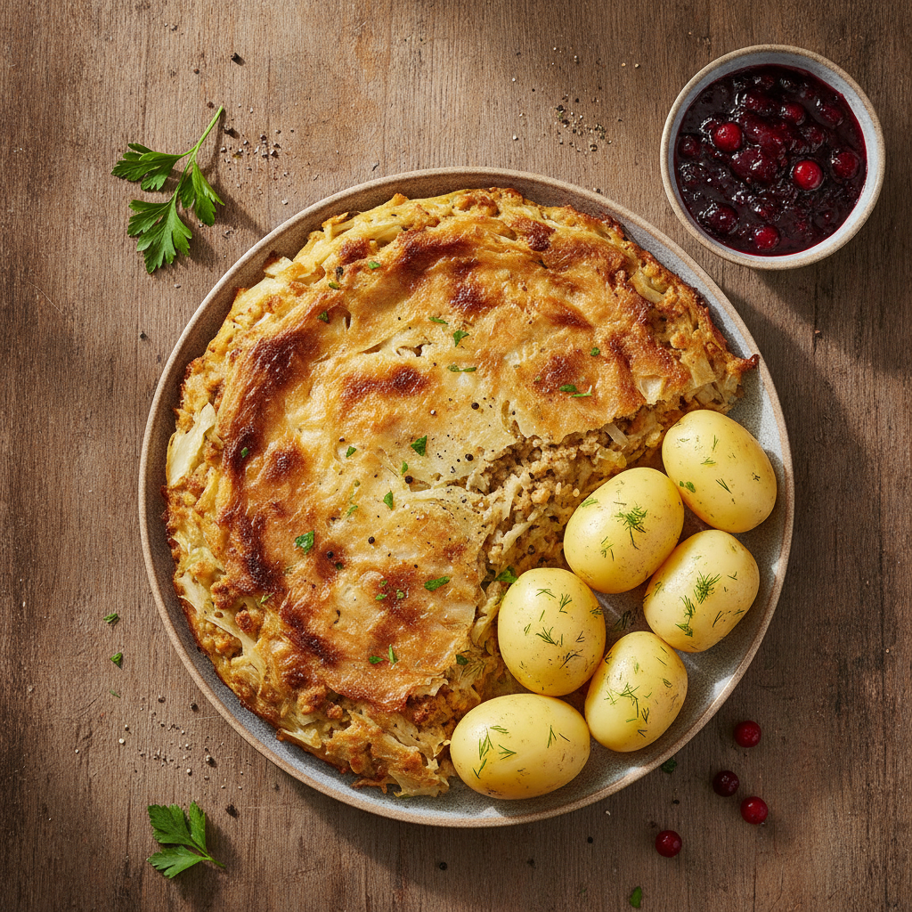 Vegetarisk Kålpudding med Kokt Potatis och Lingonsylt
