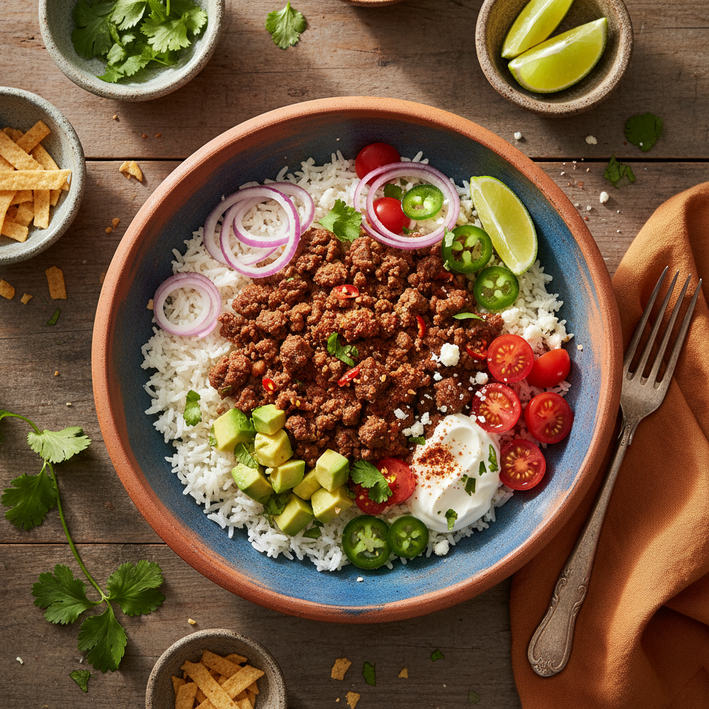 Mexikansk Nötfärsbowl med Ris och Fräscha Toppings