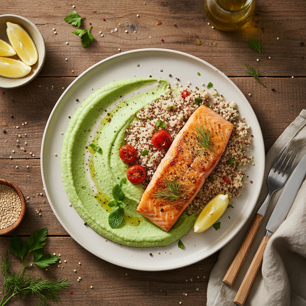 Ugnsbakad Lax med Quinoa och Krämig Ärtcrème