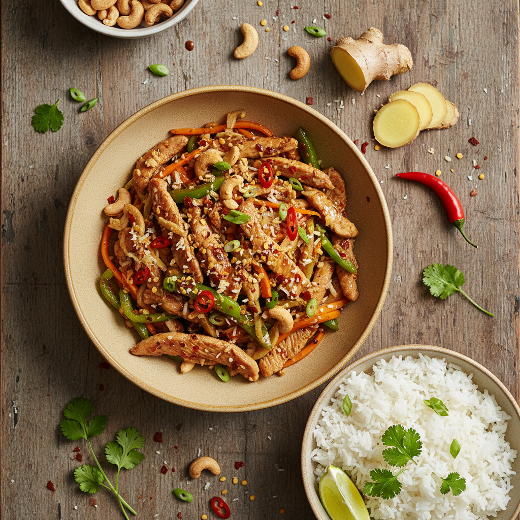 Thailändsk Kalkonwok med Ingefära, Chili och Cashewnötter