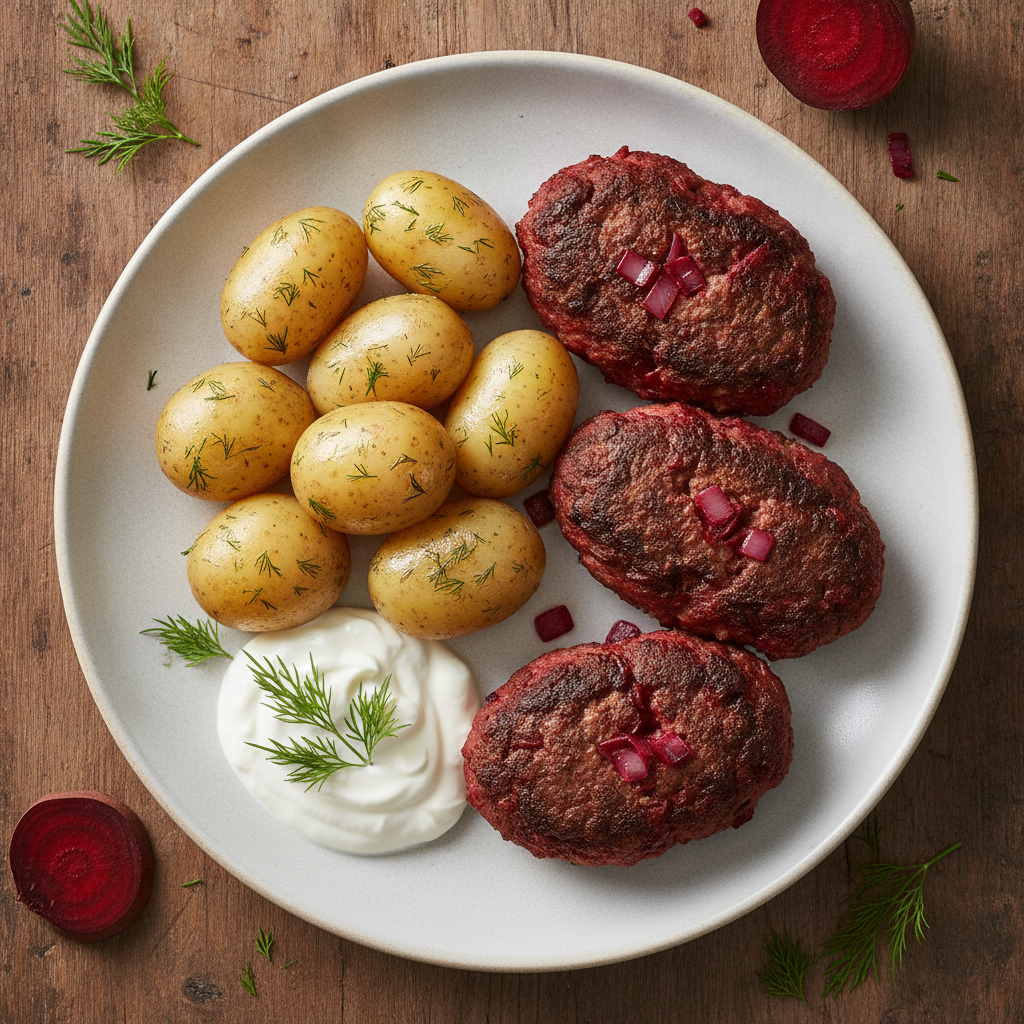 Biff Lindström med dillkokt potatis och gräddfil