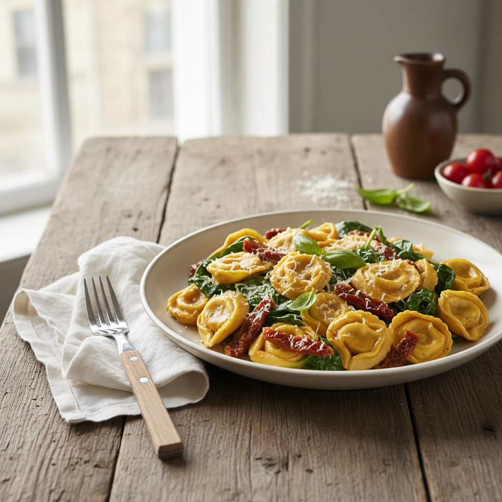 Krämig tortellini med spenat och soltorkade tomater