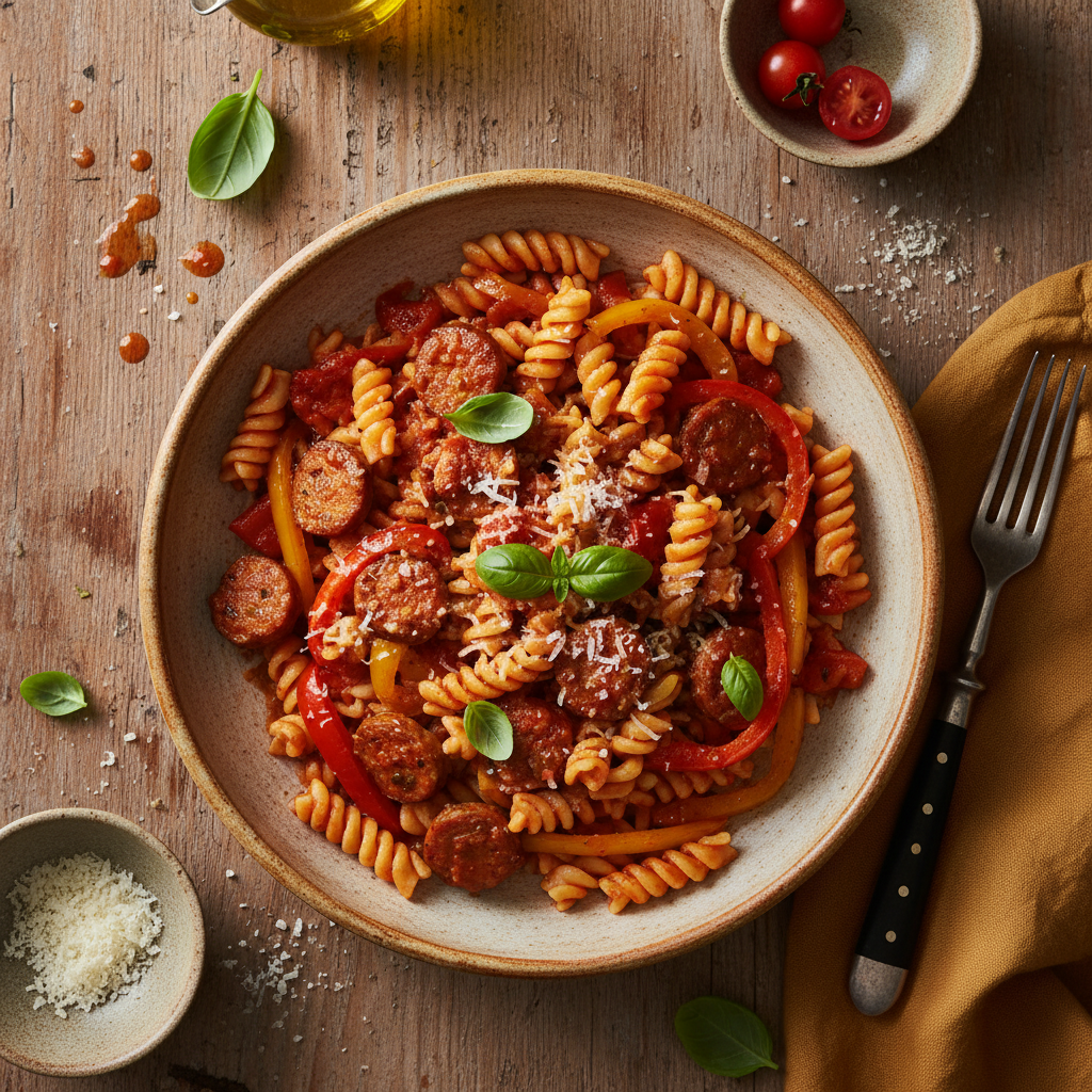 Pasta med Italiensk Korv, Paprika och Tomatsås