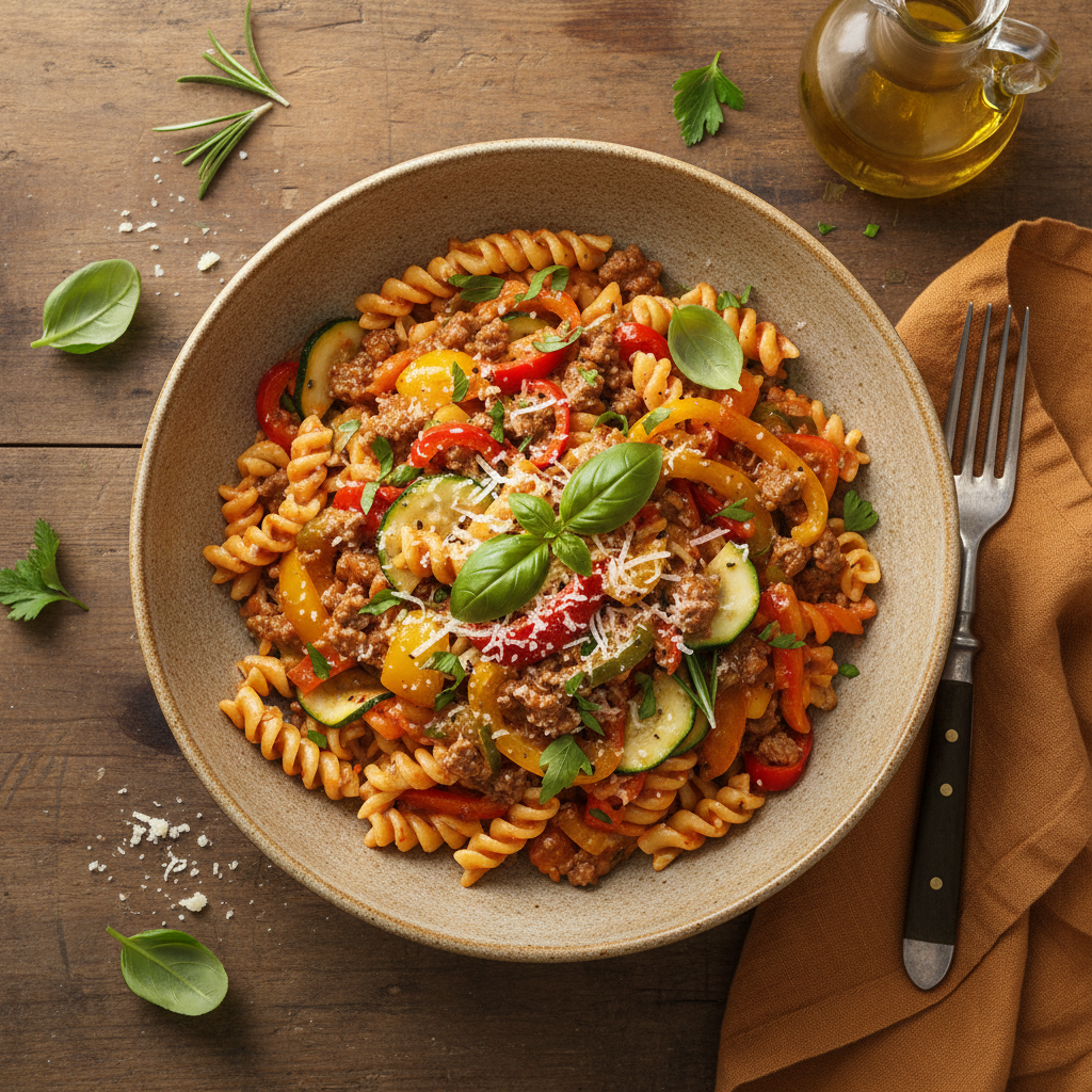 Krämig Nötfärspasta med Paprika och Örter