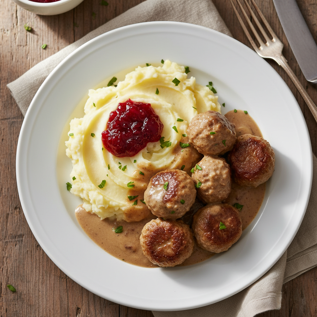 Köttbullar med gräddsås, potatismos och lingonsylt