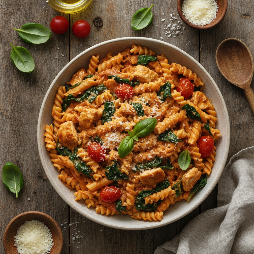 Krämig Kycklingpasta med Tomat och Spenat