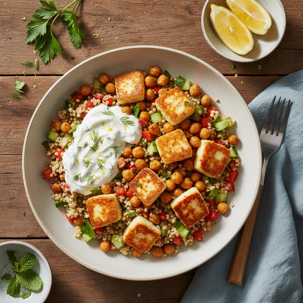 Halloumi- och Kikärtspanna med Bulgur och Citronyoghurt
