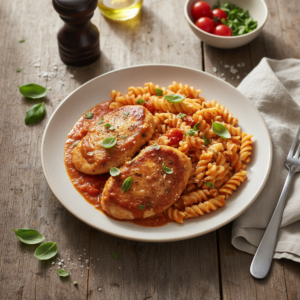 Krämig Kycklinglårfilé i Tomatsås med Pasta