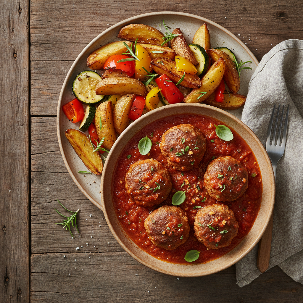 Italienska Färsbiffar i Mustig Tomatsås med Rosmarinpotatis och Rostade Grönsaker