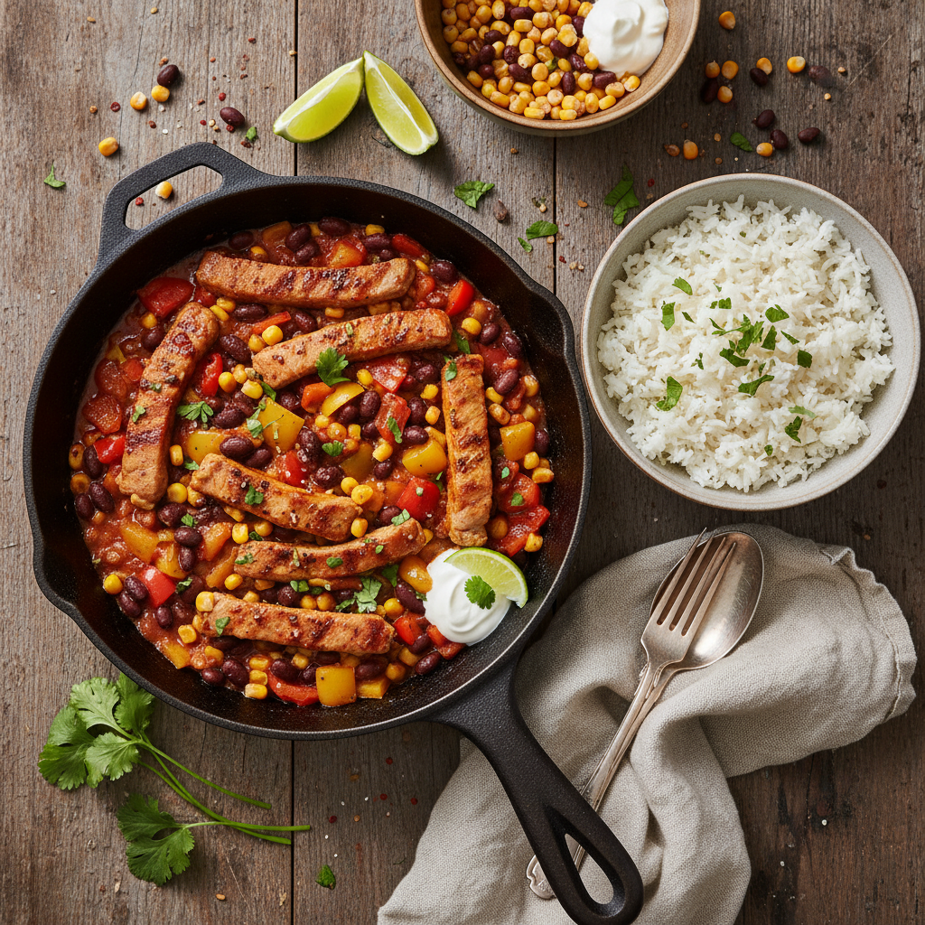 Mexikansk Fläskfilépanna med Svarta Bönor och Majs