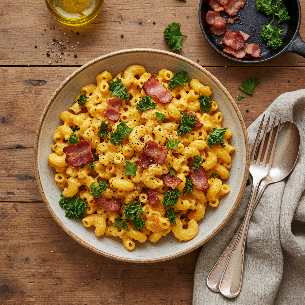 Mac and Cheese med Bacon och Grönkål