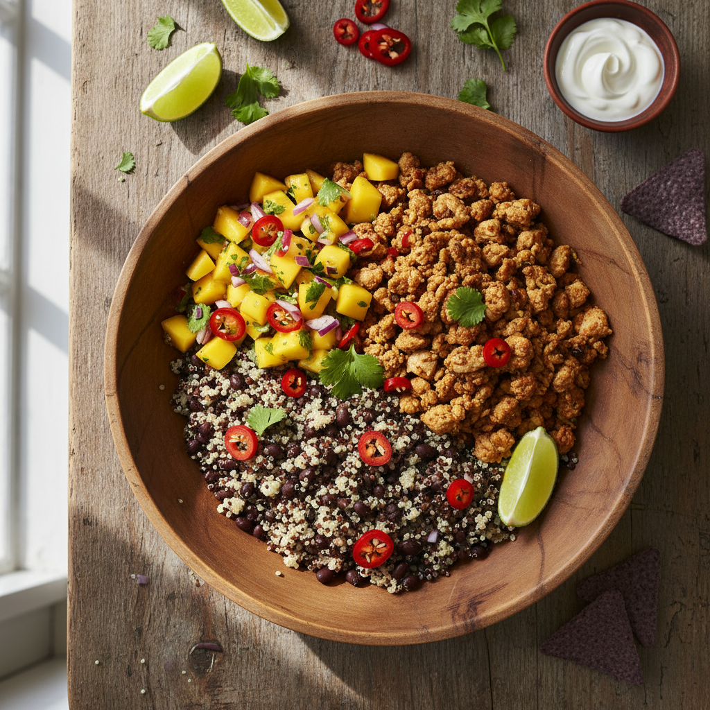 Mexikansk Kalkonfärs Superbowl med Quinoa och Mangosalsa