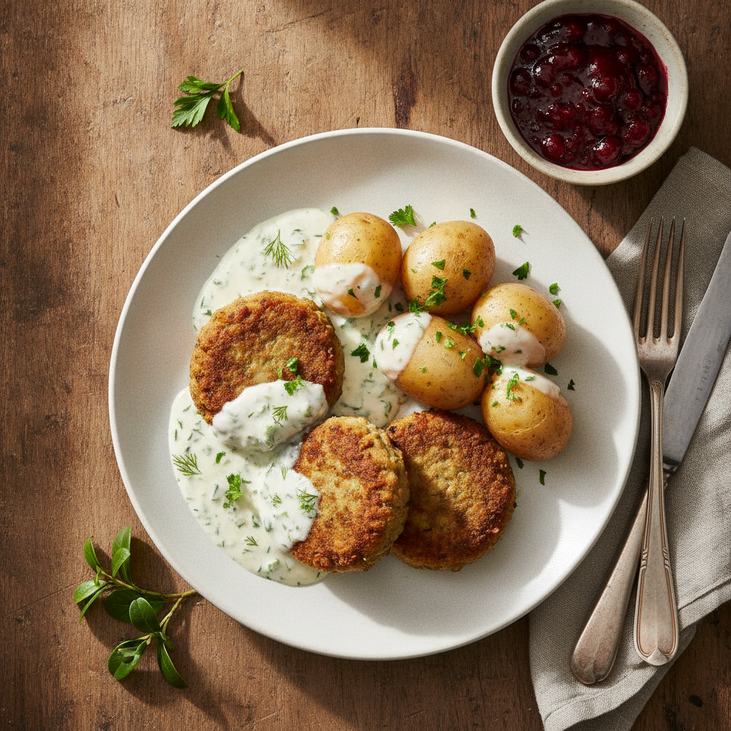 Vegetariska Linsbiffar med Krämig Gräddsås, Kokt Potatis och Lingonsylt