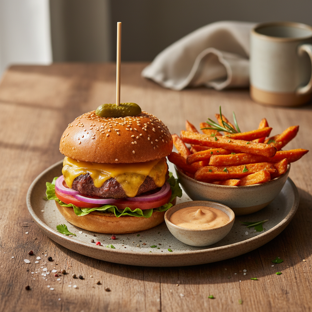 Classic American Cheeseburger med Sötpotatispommes