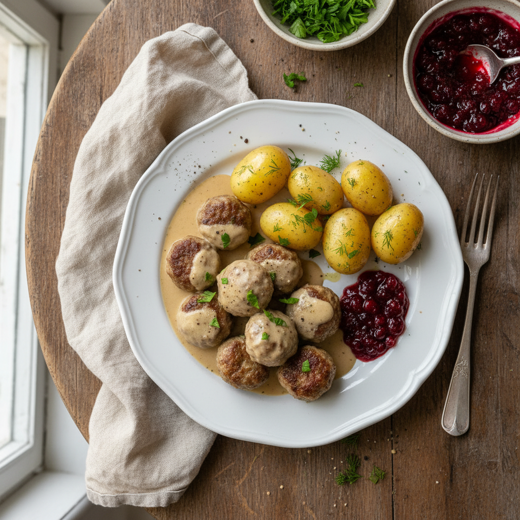 Köttbullar med Gräddsås, Kokt Potatis och Lingonsylt