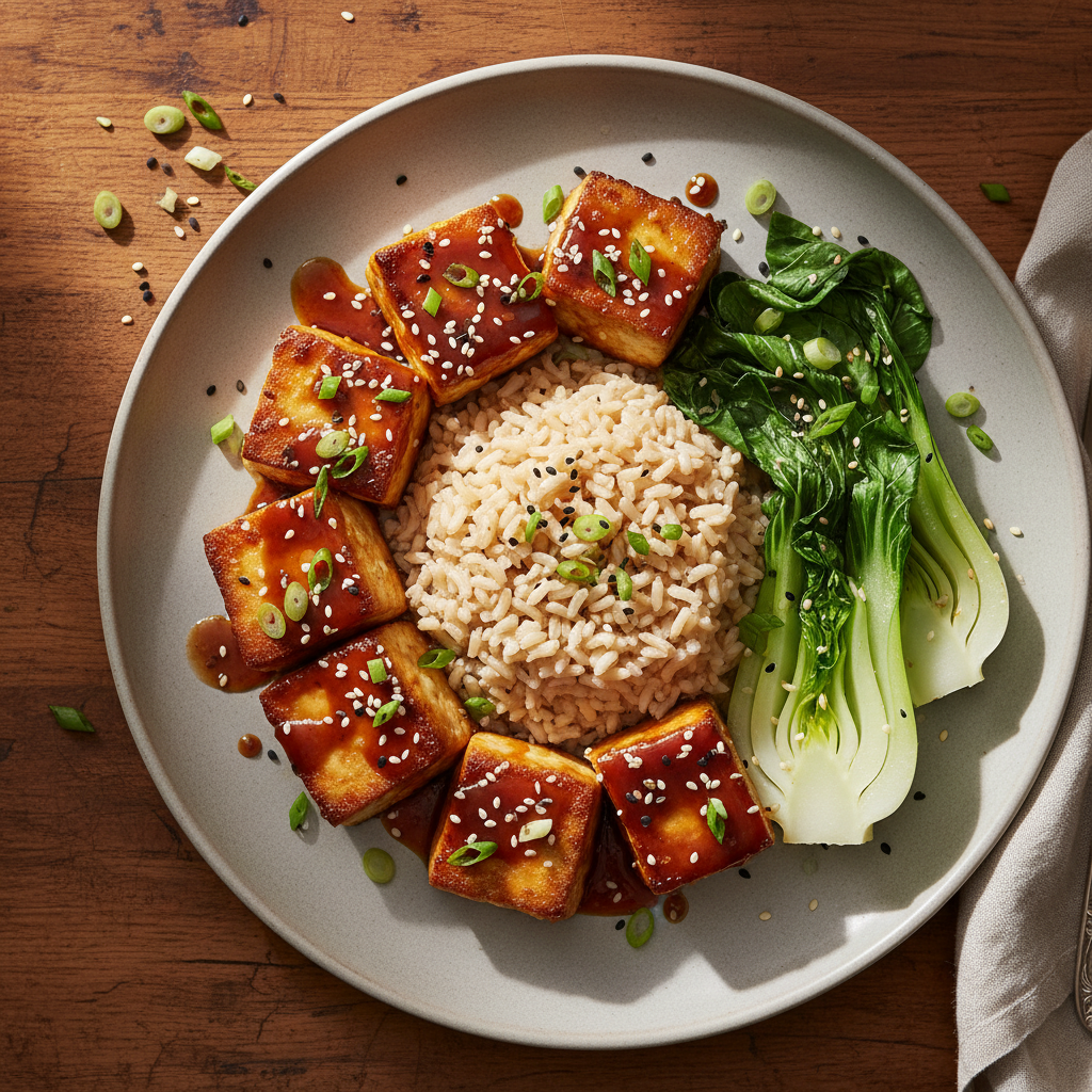 Misoglacerad Tofu med Pak Choi och Brunt Ris