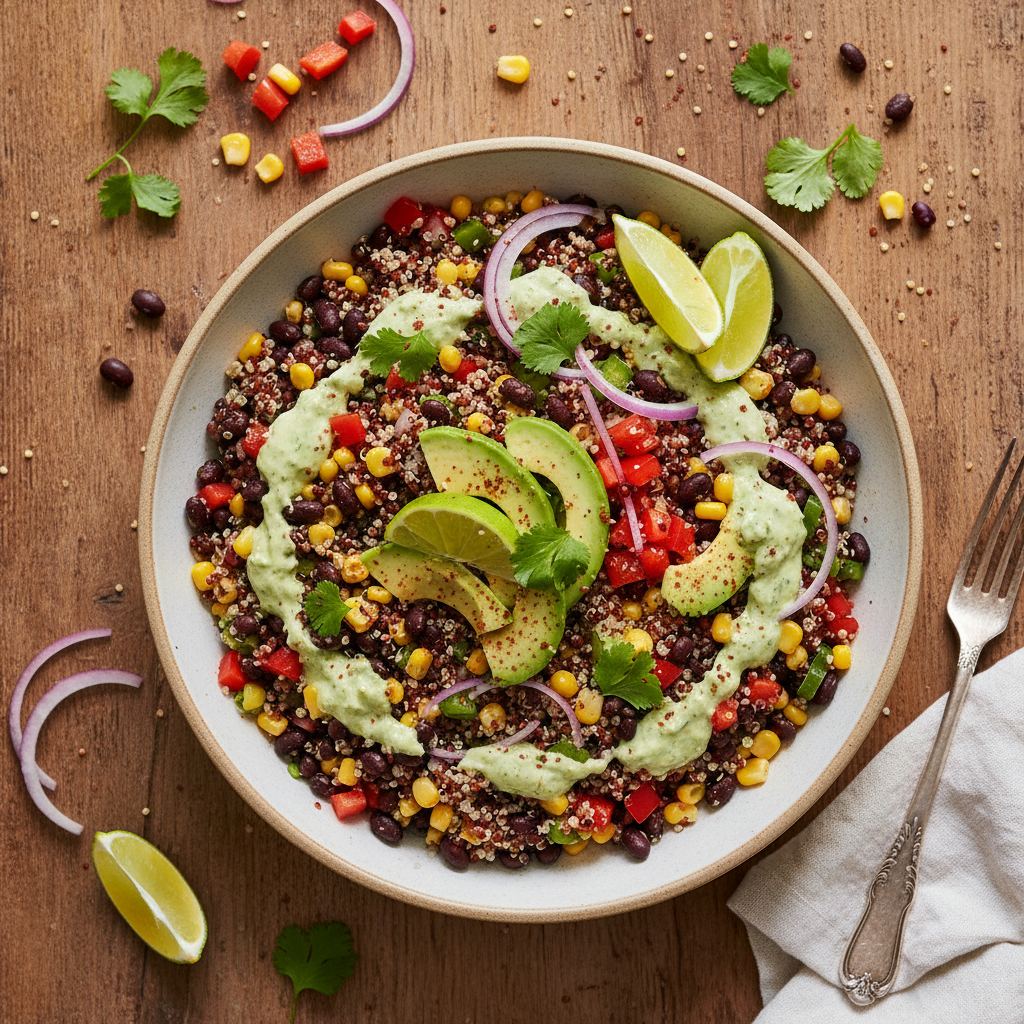 Mexikansk Quinoaskål med Svarta Bönor och Majs