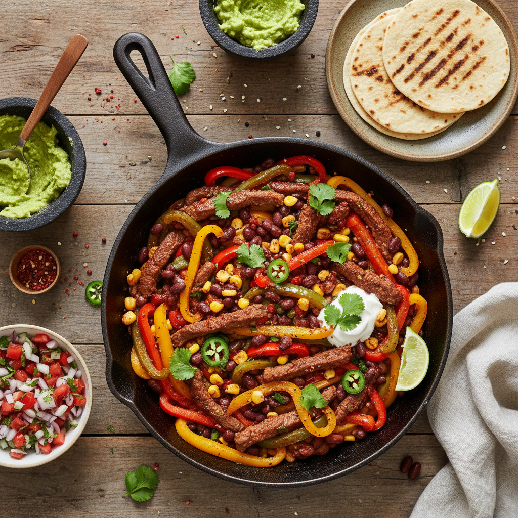 Mexikansk Biff- och Paprikapanna med Svarta Bönor