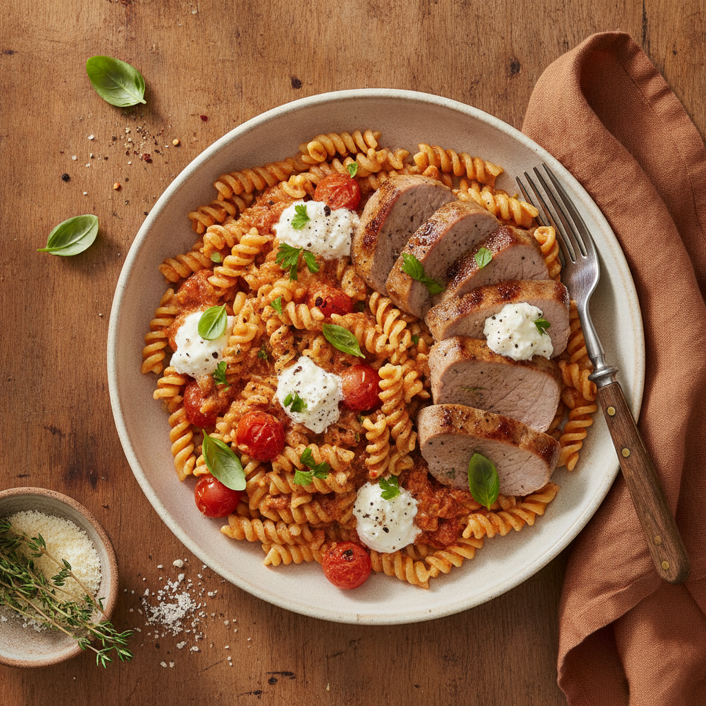 Fläskfilé med Krämig Tomat- och Ricottasås och Glutenfri Pasta
