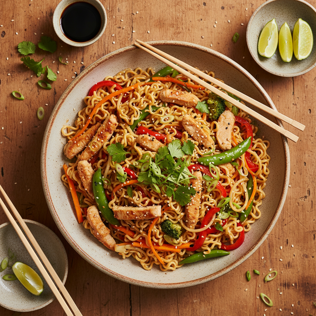 Asiatisk Kalkonfiléwok med Äggnudlar och Krispiga Grönsaker