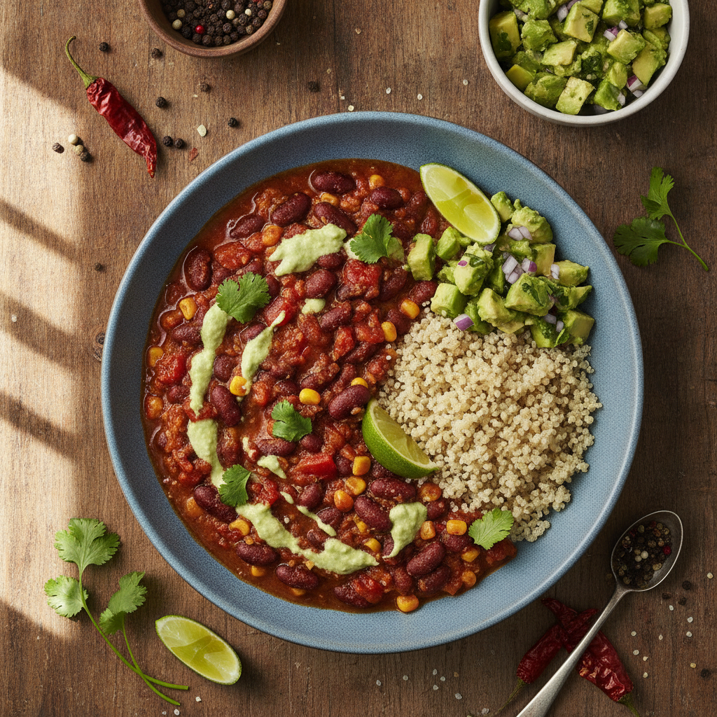 Kryddig Chili sin Carne med Quinoa och Fräsch Avokadosalsa