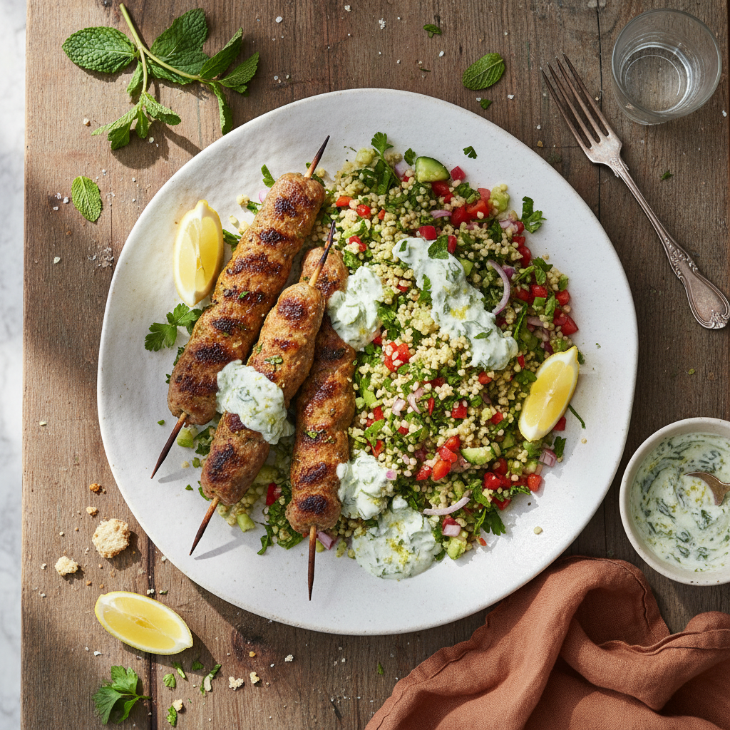 Blandfärsspett med Bulgursallad och Citron-Myntayoghurt