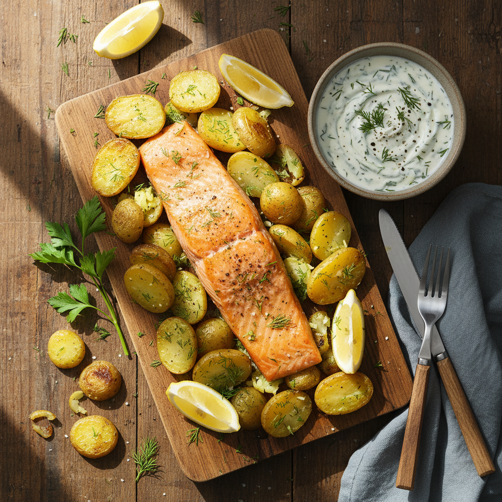 Ugnsbakad Lax med Potatis och Dill-Crème Fraiche