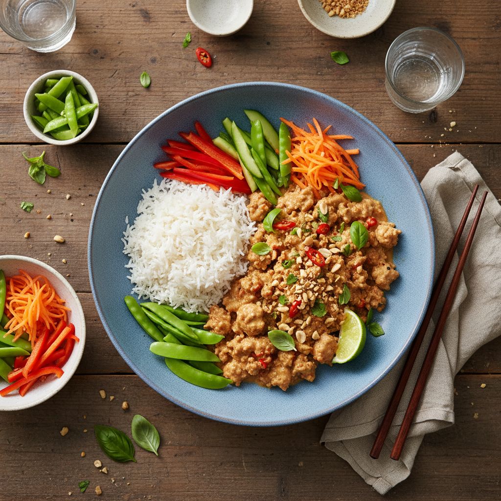 Thailändsk Kycklingfärs med Kokos-Jordnötssås och Fräscha Grönsaker